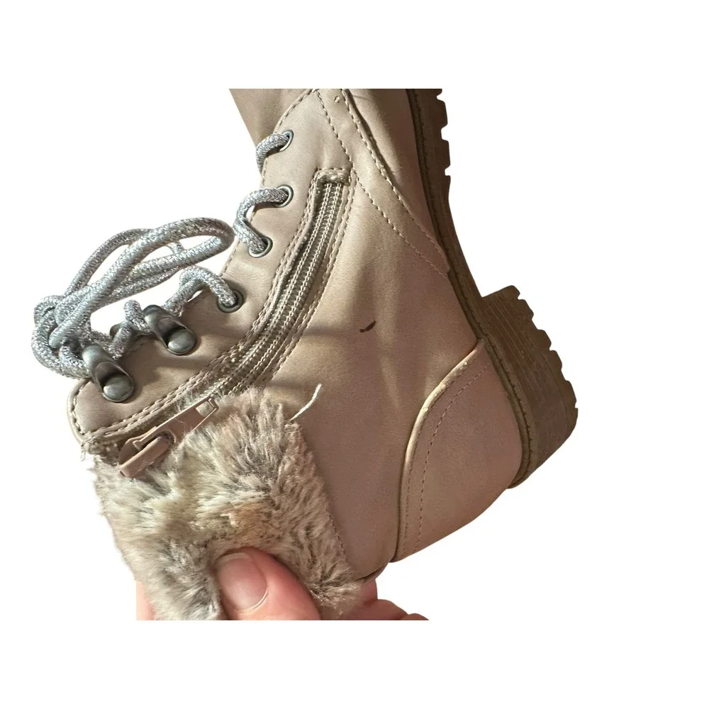 Kids Faux Fur Collar Combat Boots Lace Up Zip Closure‎ Light Pink Casual